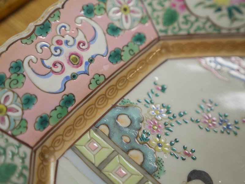 A Japanese famille rose octagonal dish, late 19th century, 34.5cm wide. Condition - good